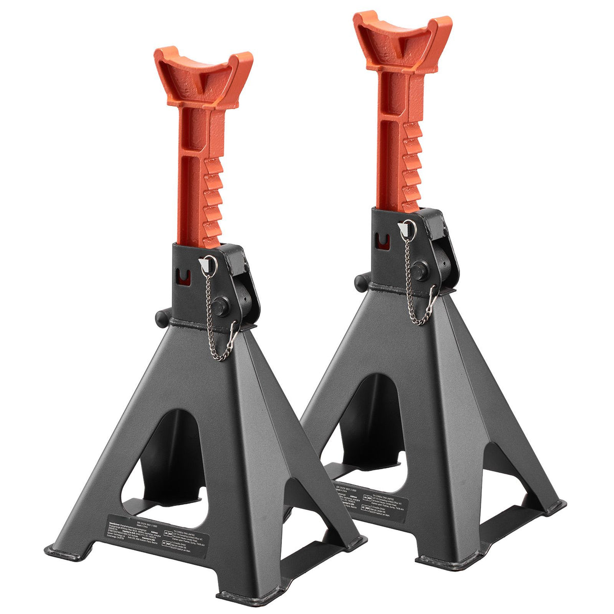 VEVOR 6-ton jack stands pair at maximum height with ratchet bar extended