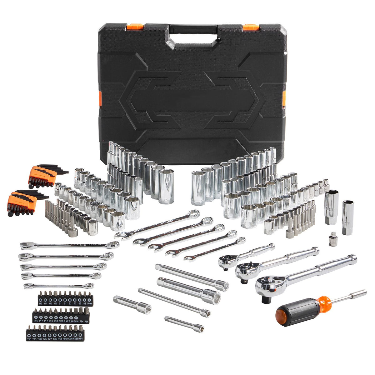 VEVOR 205-piece set sockets, wrenches, ratchets and bits laid out beside case