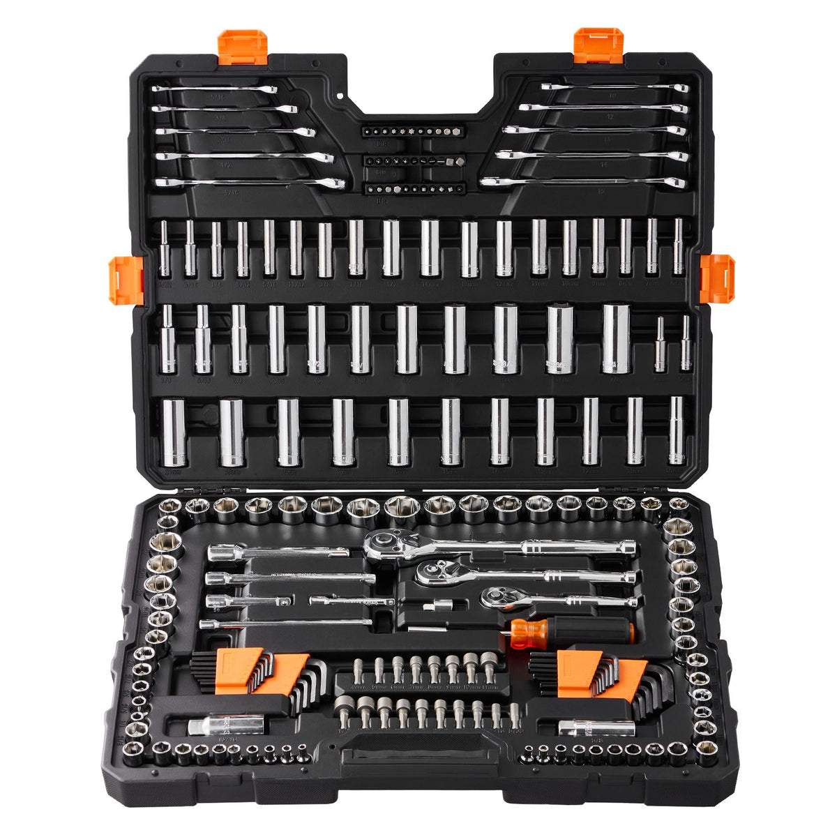 VEVOR 205-piece mechanics tool set open case, front view of socket rows