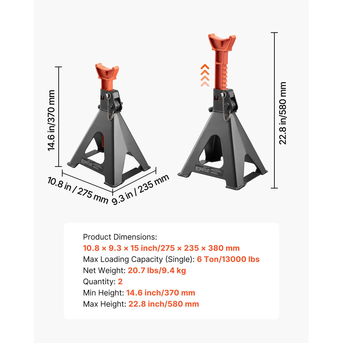 VEVOR 6-ton jack stands dimensions 10.8 x 9.3 in base with spec sheet