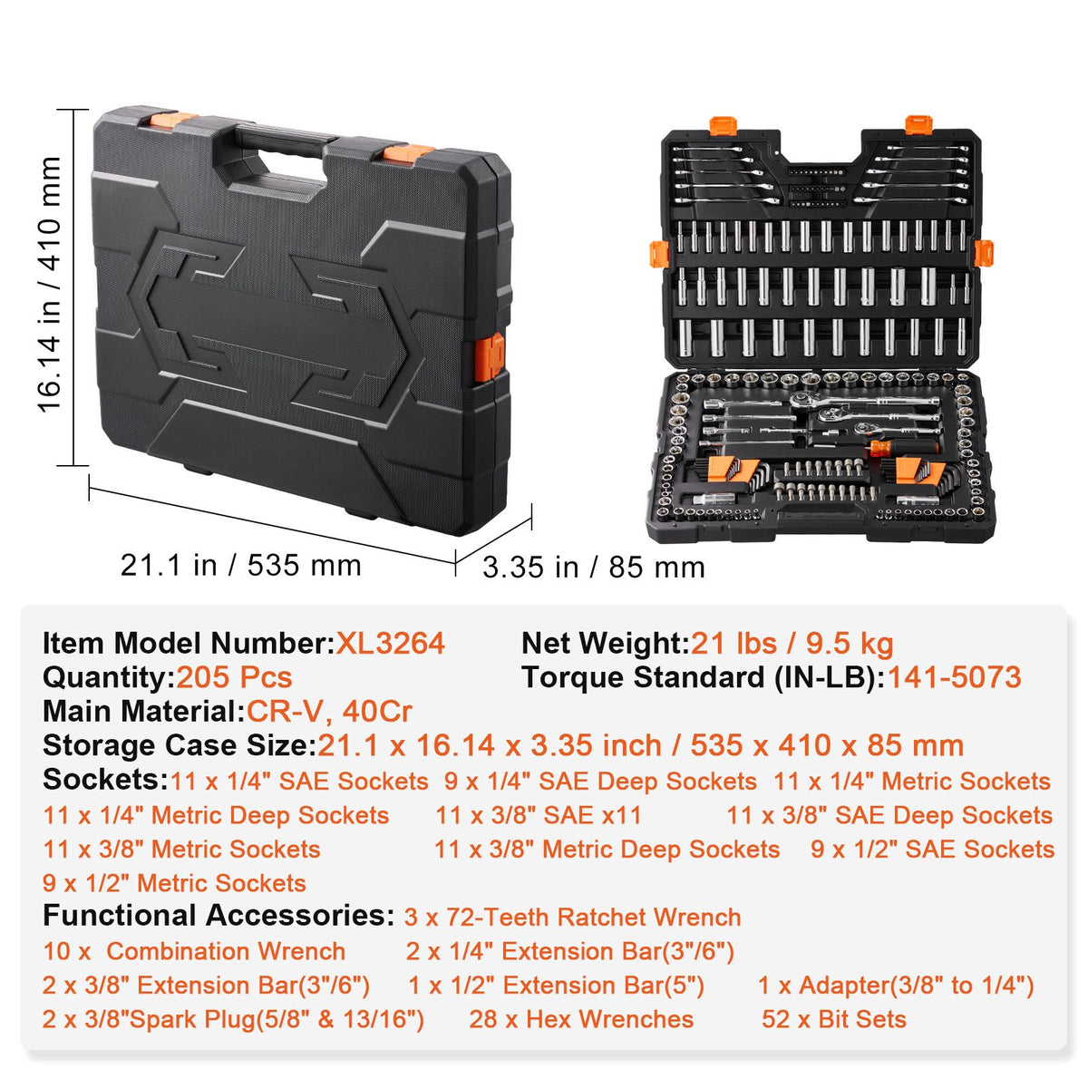 VEVOR 205-piece tool set case dimensions 21.1 x 16.14 x 3.35 in with spec sheet