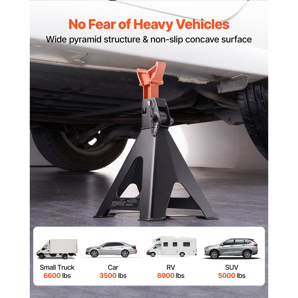 VEVOR 6-ton jack stand under a car rocker panel with vehicle weight examples