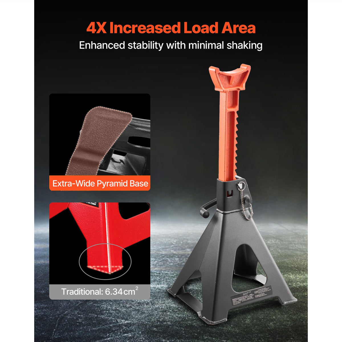VEVOR 6-ton jack stand wide pyramid base and enlarged foot pad close-up