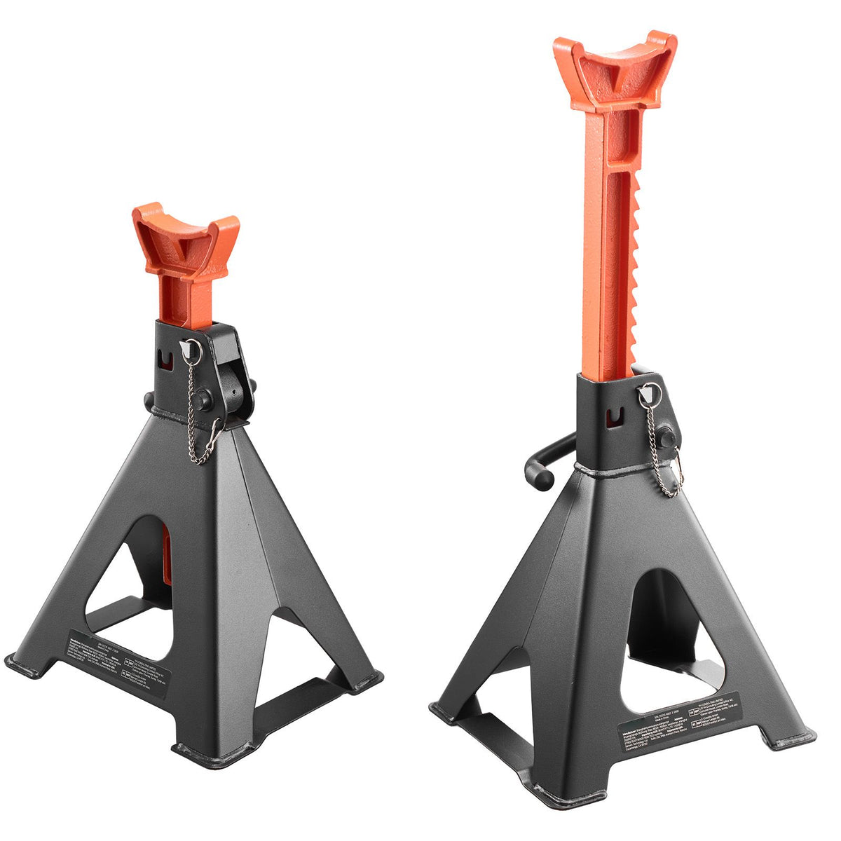 VEVOR 6-ton jack stands pair side view, lowered and fully extended