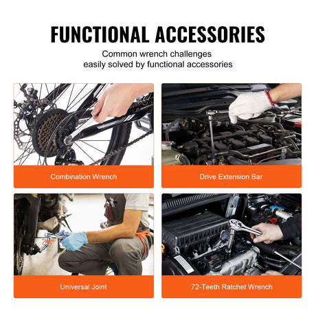 VEVOR 205-piece set extension bar, universal joint and ratchet in use on engines and bike