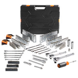 VEVOR 205-piece set sockets, wrenches, ratchets and bits laid out beside case