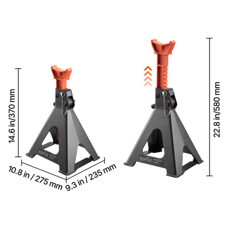 VEVOR 6-ton jack stands dimension diagram at minimum and maximum height