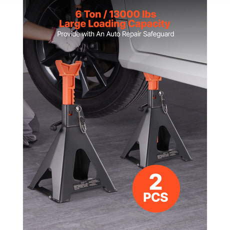 VEVOR 6-ton jack stands supporting a car beside the front wheel