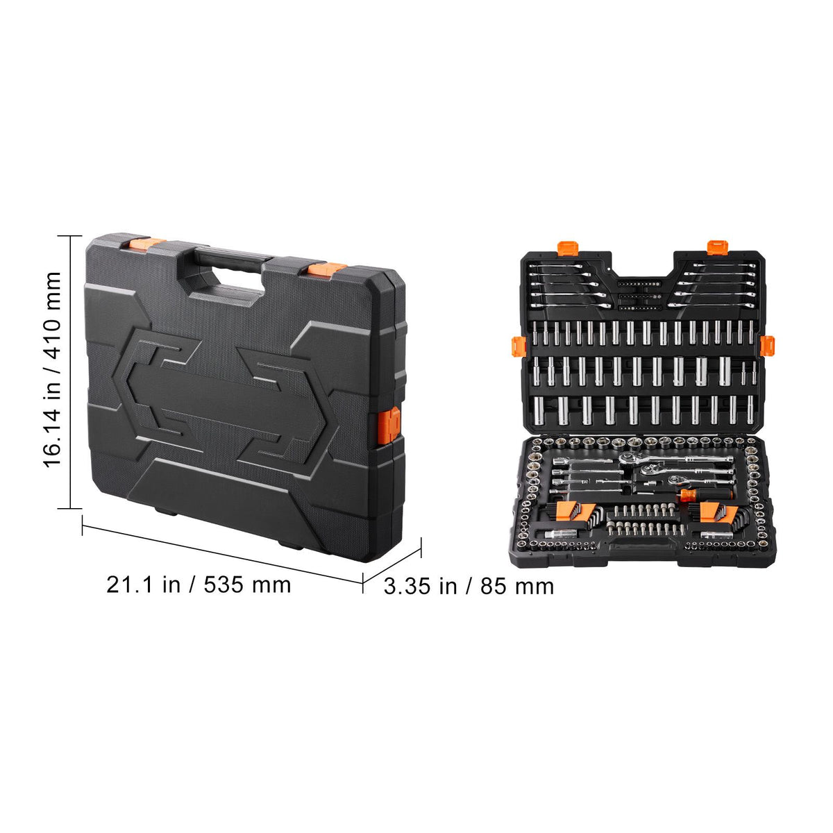 VEVOR 205-piece tool set open and closed case size reference, 535 x 410 mm