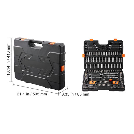 VEVOR 205-piece tool set open and closed case size reference, 535 x 410 mm