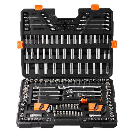 VEVOR 205-piece mechanics tool set open case, front view of socket rows
