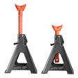 VEVOR 6-ton jack stands pair, one raised and one lowered, black base with orange ratchet bar