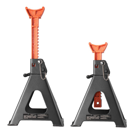 VEVOR 6-ton jack stands pair, one raised and one lowered, black base with orange ratchet bar