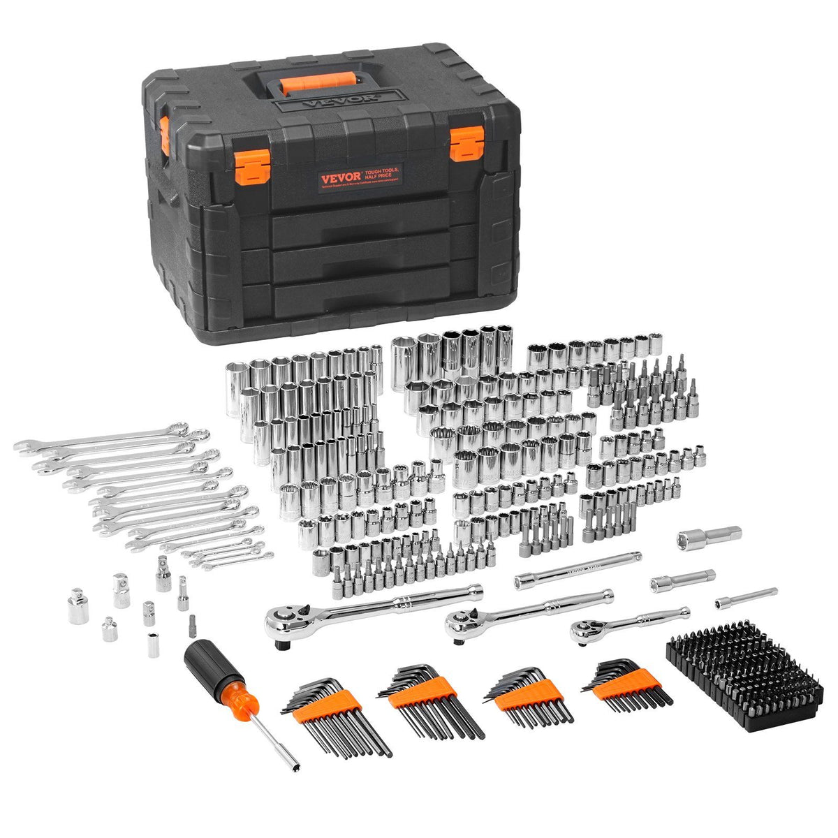 Vevor 450-piece mechanics tool set laid out in its carrying case — sockets, ratchets, wrenches, and pliers.