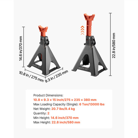 VEVOR 6-ton jack stands dimensions 10.8 x 9.3 in base with spec sheet