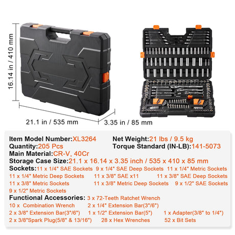 VEVOR 205-piece tool set case dimensions 21.1 x 16.14 x 3.35 in with spec sheet