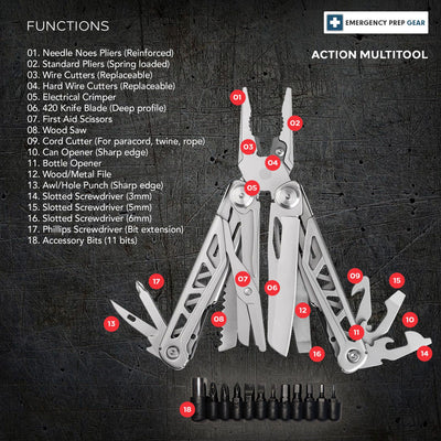 ACTION 18-tool multitool with nylon pouch and 11 accessory bits