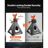 VEVOR 6-ton jack stand double lock: ratchet lever and safety pin vs single-lock stand