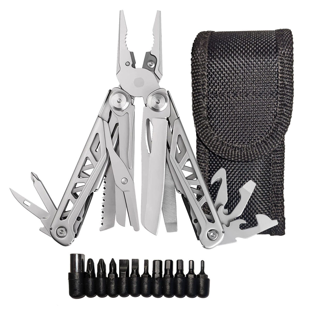 ACTION 18-tool multitool open with pliers, blade, and screwdriver bits visible.