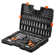 VEVOR 205-piece mechanics tool set open in black hard case with orange latches