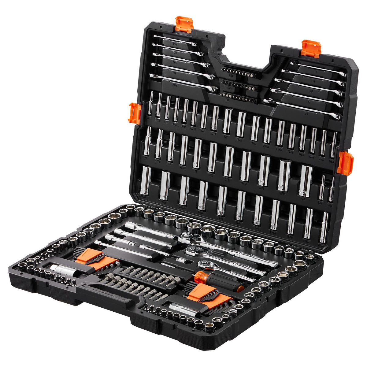 VEVOR 205-piece mechanics tool set open in black hard case with orange latches