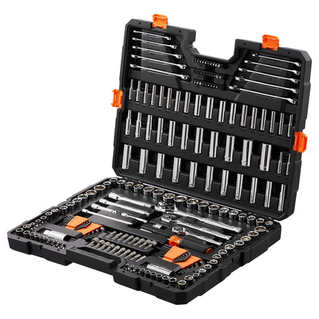 VEVOR 205-piece mechanics tool set open in black hard case with orange latches