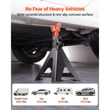 VEVOR 6-ton jack stand under a car rocker panel with vehicle weight examples
