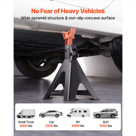 VEVOR 6-ton jack stand under a car rocker panel with vehicle weight examples