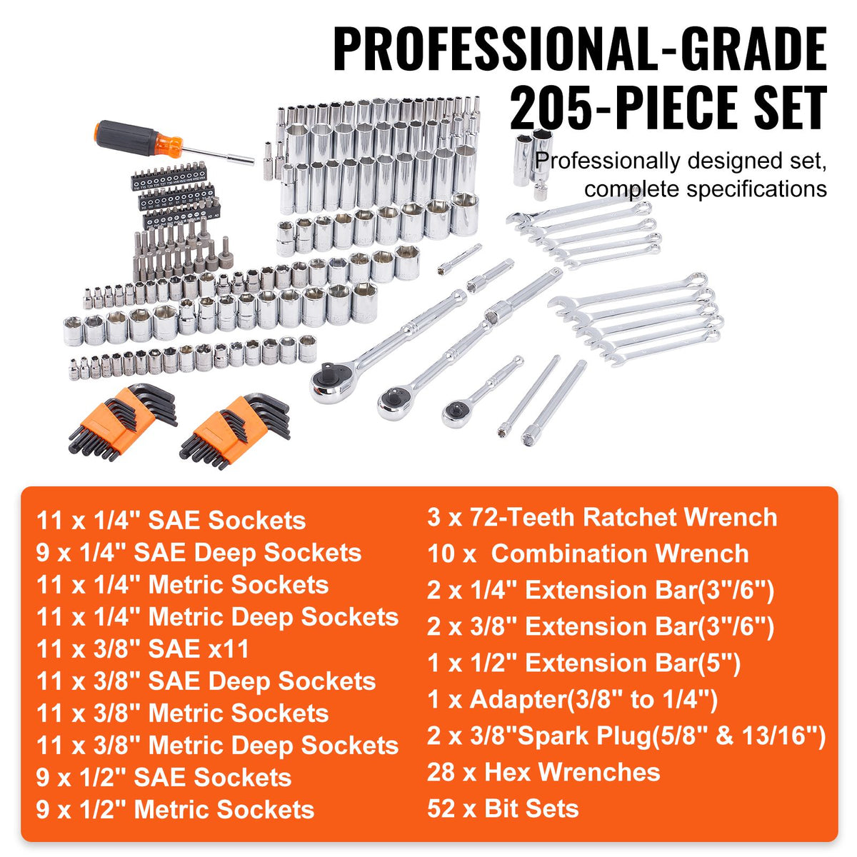 VEVOR 205-piece mechanics tool set contents laid out with full parts list