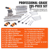 VEVOR 205-piece mechanics tool set contents laid out with full parts list
