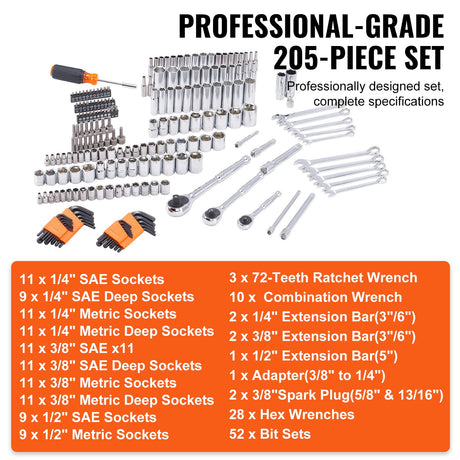VEVOR 205-piece mechanics tool set contents laid out with full parts list