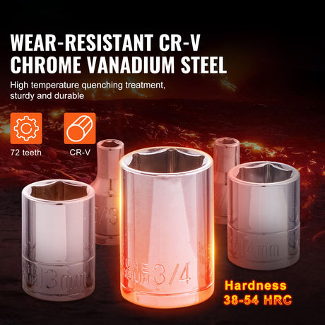 VEVOR 205-piece set Cr-V 6-point sockets with SAE and metric size markings